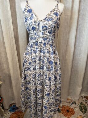 Caroline Constas Blue Floral Midi Dress Cutout Smocked Waist Boho Size M